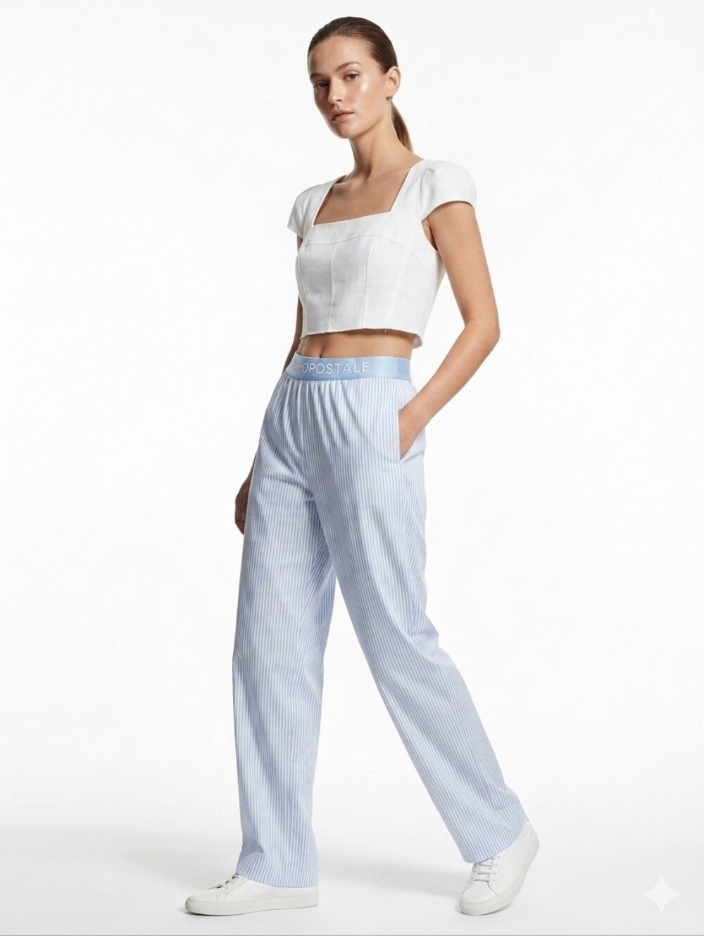 Aeropostale Light Blue and White Pinstripe Elastic-Waist Pants